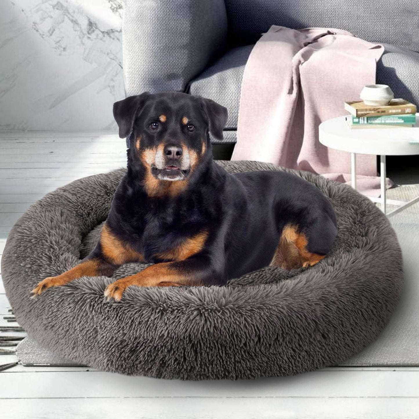 Donut Dog Bed, Faux Fur Dog Beds for Medium Dogs - Self Warming Pet Bed round Faux Fur Donut Cuddler Dog Bed